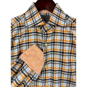 Thomas Dean Plaid Button Down Shirt Mens M Orange Blue Gray